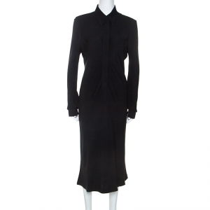 Hermes Black Silk Long Sleeve Collared Dress L