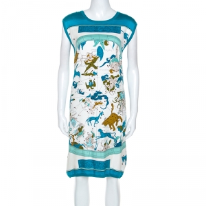 Hermes Blue Zodiac Printed Silk And Knit Sleeveless Dress L