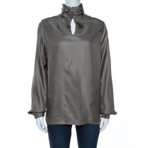 Hermes Grey Printed Silk High Neck Blouse M