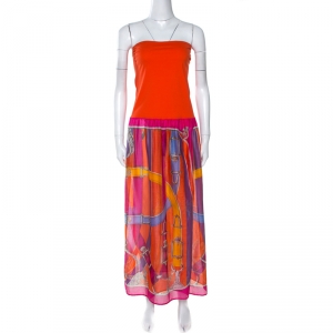 Hermes Orange Printed Strapless Dress L