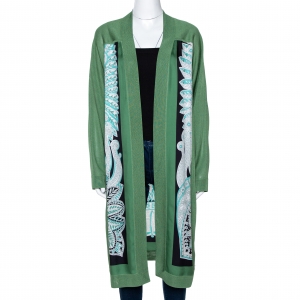 Hermes Green Printed Silk & Knit Open Front Cardigan M