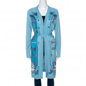 Hermes Blue Les Cles Print Silk & Knit Belted Cardigan M
