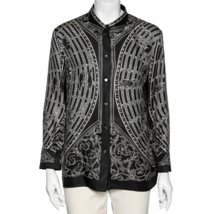 Hermes Black Zodiac Printed Silk Long Sleeve Shirt L