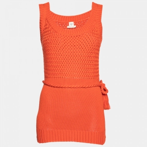 Hermes Orange Cotton Knit Sleeveless Belted Mini Dress S