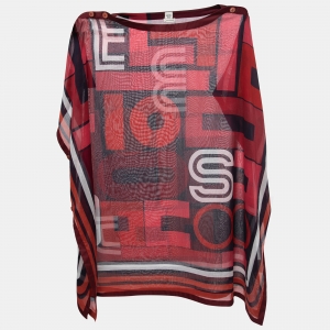 Hermes Red Geometric Print Cotton Poncho Top One Size