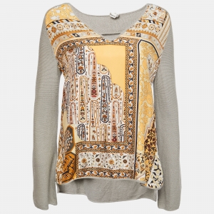 Hermes Grey Printed Silk and Wool Knit V-Neck Sweater M