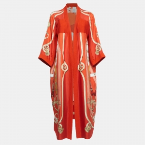 Hermes Orange Print Silk & Knit Trim Long Twillaine Cardigan M