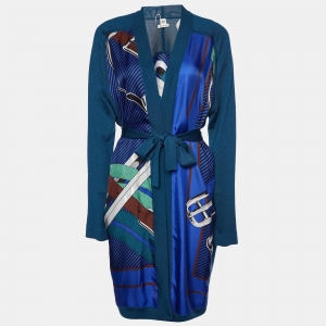 Hermes Teal Blue Printed Silk & Knit Belted Long Cardigan M