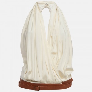 Hermes White Leather Belted Silk Halter Neck Top S