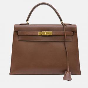 Pre Owned Hermes Brown Cushvel Leather Kelly 32 Handbag