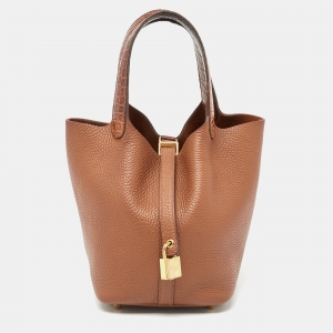 Pre Owned Hermes Gold Taurillon Clemence Leather and Alligator Touch Picotin Lock 18 Bag