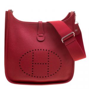 Pre Owned Hermes Rouge Garance Clemence Leather Evelyne III PM Bag