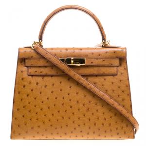 Pre Owned Hermes Cognac Ostrich Gold Hardware Kelly Sellier 28 Bag