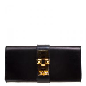 Pre Owned Hermes Metallic Black Box Leather Medor 29 Clutch