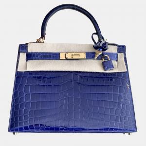 Hermes Kelly 28 Electric Blue Shiny Crocodile