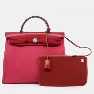 Pre Owned Hermes Pink Red Fabric New Zip Herbag Small