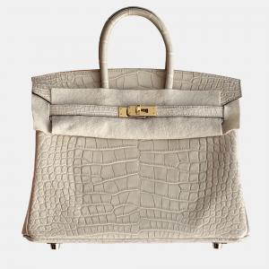 Pre Owned Hermes Birkin 25 Trench Gray Matte Crocodile Gold Hardware