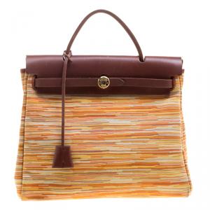 Pre Owned Hermes Brown Vibrato Leather and Canvas Herbag 2 in 1