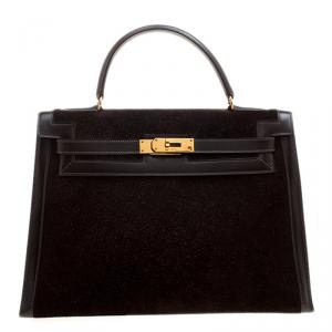Pre Owned Hermes Dark Marron Box Calf Leather and Suede Gold Hardware Kelly Sellier 32 Bag
