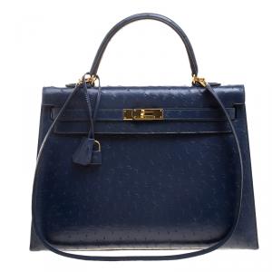 Hermes Blue De Malte Ostrich Gold Hardware Kelly Sellier 35 Bag