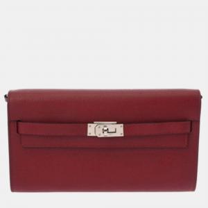 Pre Owned Hermes Kelly Wallet To-Go Rouge Grenat Epsom Leather Long Wallet