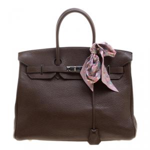 Hermes Cacao Clemence Leather Palladium Hardware Birkin 35 Bag