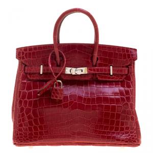 Hermes Rouge Garance Niloticus Crocodile Palladium Hardware Birkin 25 Bag
