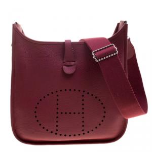 Pre Owned Hermes Rouge Garance Clemence Leather Evelyne III PM Bag