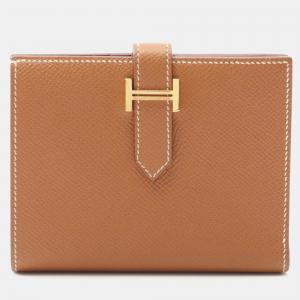 Pre Owned Hermes Bearn Compact Gold Bifold Wallet Epsom Leather Brown