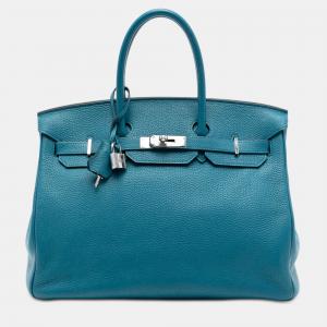 Pre Owned Hermes Blue Clemence Birkin Retourne 35