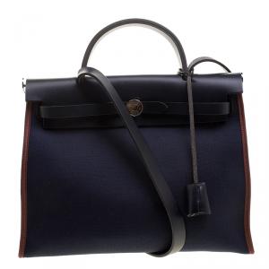 Pre Owned Hermes Black/Navy Blue Leather and Canvas Herbag Zip 31 Bag