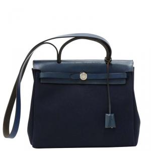 Pre Owned Hermes Navy Blue Canvas/Leather 2-in-1 Herbag PM Bag