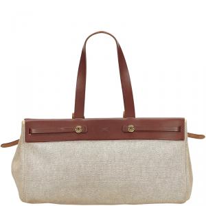 Hermes Beige/Brown Canvas Leather Herbag Cabas MM Bag