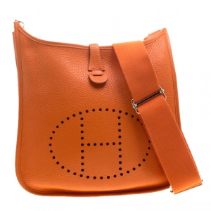 Pre Owned Hermes Orange Clemence Leather Palladium Hardware Evelyne III PM Bag