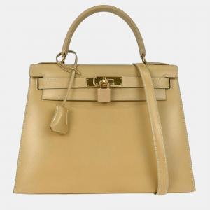 Pre Owned Hermes Kelly 28 Beige Box Calfskin Leather Sellier Top Handle