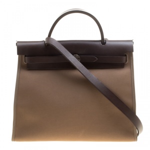 Pre Owned Hermes Dark Taupe/Dark Brown Fabric and Leather Herbag Zip 31 Bag