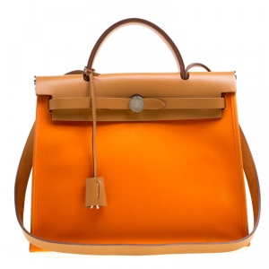 Pre Owned Hermes Brown/Capucines Leather and Fabric Herbag Zip 31 Bag