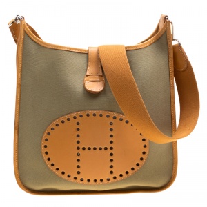 Hermes Green/Brown Canvas and Leather Evelyne II GM Bag