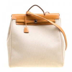 Pre Owned Hermes Dark Tan/Beige Leather and Canvas Herbag Zip 39 Bag