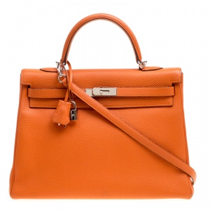Pre Owned Hermes Orange Togo Leather Palladium Hardware Kelly Retourne 35 Bag