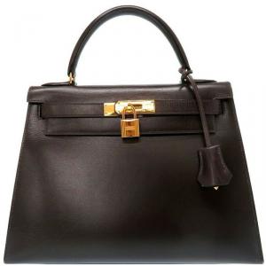 Pre Owned Hermes Dark Brown Box Calf Leather Gold Hardware Kelly Sellier 28 Bag