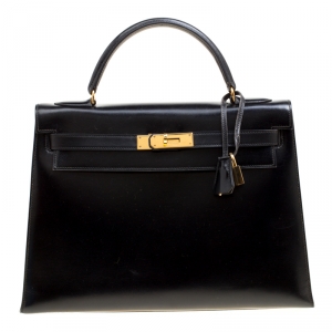 Hermes Black Box Calf Leather Gold Hardware Kelly Sellier 32 Bag