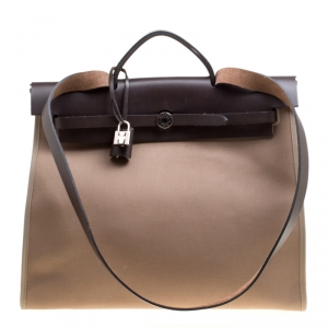 Hermes Taupe Canvas and Leather Herbag Zip 39 Bag