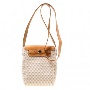 Pre Owned Hermes Natural/Beige and Black Canvas and Leather Mini Herbag 