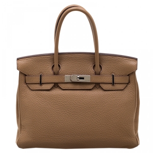 Hermes Tabac Camel Clemence Leather Palladium Hardware Birkin 30 Bag
