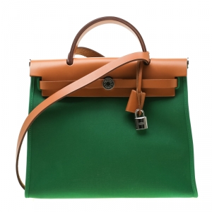 Pre Owned Hermes Green/Brown Canvas and Leather Herbag Zip 31 Bag