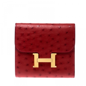 Pre Owned Hermes Red Ostrich Constance Compact Wallet