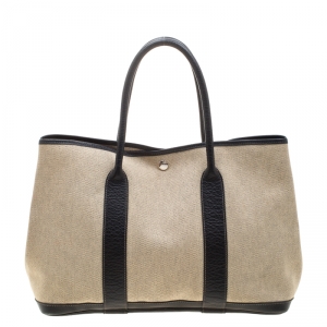 Hermes Black/Off White  Canvas and Leather Garden Party MM Tote Bag