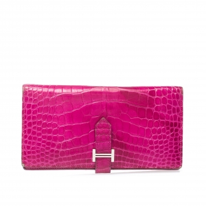 Pre Owned Hermes  Rose Scheherazade Alligator Bearn Gusset Wallet