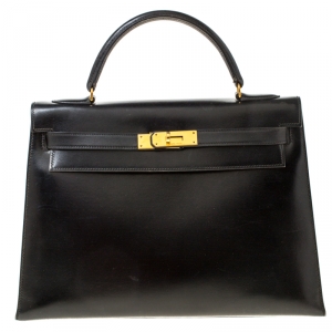 Pre Owned Hermes Black Box Calf Leather Gold Hardware Kelly Sellier 32 Bag